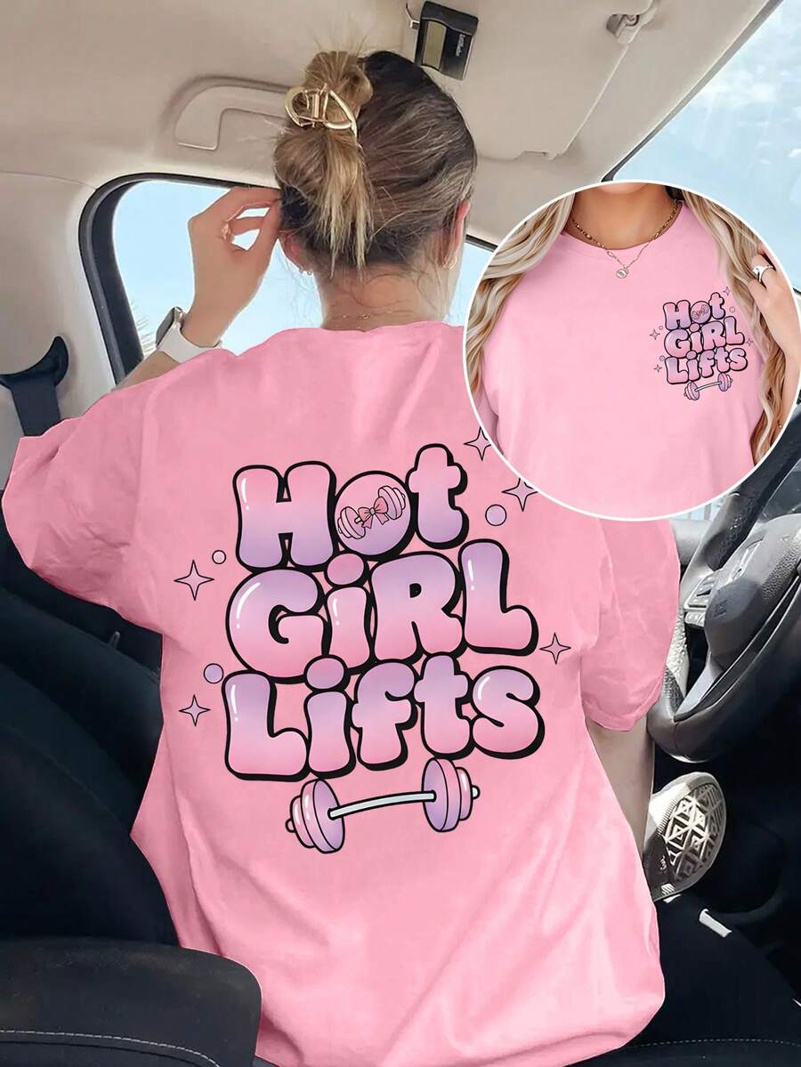 Women's Pink "Hot Girl Lifts" Graphic Print T-Shirt - Regular Fit Short Sleeve Top, Machine Washable, Casual Activewear, Women's Fitness Tee Summer - Pink - View 1