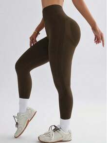 1pc High Waist Compression Tights, Solid Color, 4-Way Stretch, Suitable For Outdoor Sports And Running Spring - Brown - View 5
