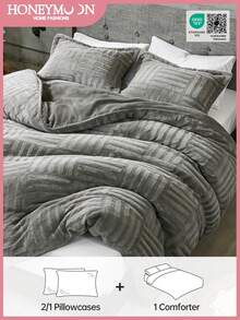 2/3件套格子法兰绒床上用品套装 - 柔软蓬松的人造毛皮被子，舒适柔软的毛绒床上用品套装，奢华毛绒床上用品套装，包含1条被子和1/2个枕套，通过Oeko-Tex认证 - 灰色 - 查看 1