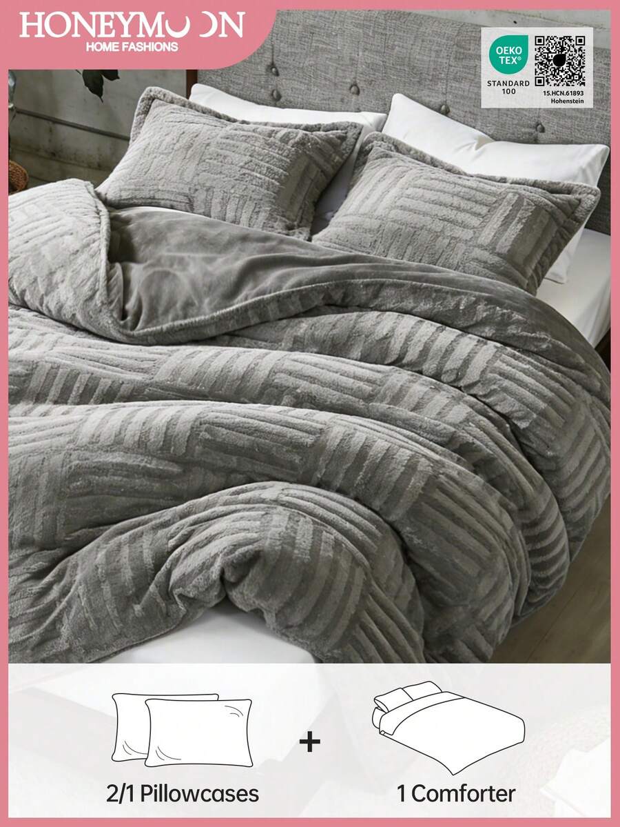 2/3件套格子法兰绒床上用品套装 - 柔软蓬松的人造毛皮被子，舒适柔软的毛绒床上用品套装，奢华毛绒床上用品套装，包含1条被子和1/2个枕套，通过Oeko-Tex认证 - 灰色 - 查看 1