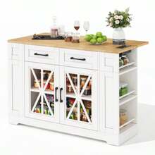 120cm Tragbare Kücheninsel Mit Klappbarem Esstisch, Offener Ablage, AC-Anschluss, USB-Anschluss, Glastür, Verstellbares Laminat, Rollen Mit Bremsen Für Küche, Esszimmer, Wohnzimmer Und Mehr. - White - View 5