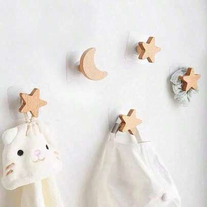 1PC Solid Wood Wall Hook, Wall Hanging Clothes Hook, Star Moon Cloud Cartoon Hook
