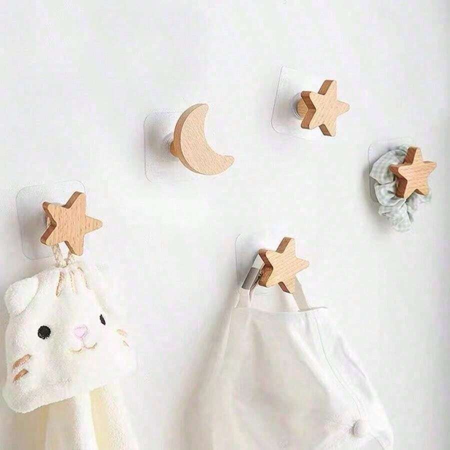 1PC Solid Wood Wall Hook, Wall Hanging Clothes Hook, Star Moon Cloud Cartoon Hook - 1PC - View 1