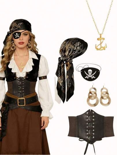 女士豪华海盗服装配饰套装 - 万圣节、角色扮演、文艺复兴集市和主题派对的理想之选 - 包括头巾、吊坠项链、眼罩、耳环和腰带