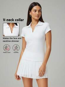 Women's Solid Color V-Neck Casual Sports Polo Shirt, Quick-Dry Running Fitness Short Sleeve T-Shirt, Outdoor Golf Tennis Professional Sportswear - White - View 2