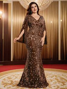 BluePlum 女士高品质弹力亮片超修身加大码V领长袖开衩袖优雅奢华鸡尾酒会正式晚礼服（重工装饰）婚礼春季 - 棕色 - 查看 6