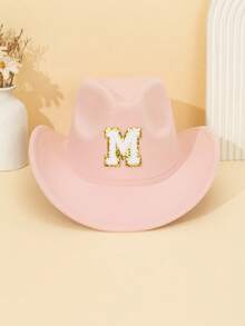 1pc Unisex Children's Letter Decor Pink Felt Brimmed Hat, 26 Letters Available, American Western Cowboy Style, Outdoor Casual Sun Hat For All Seasons, Suitable For Daily Wear, Parties, Outdoor Activities, Children's Gift - Pink - View 60