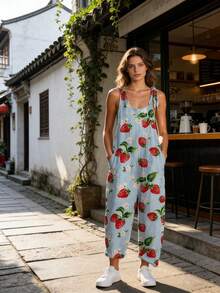 Women's Strapless Italian-Style One-Piece Dress -  Vintage Print High-Waisted Wide-Leg Pants, Sleeveless One-Piece Pants - 藍色 - 查看 5