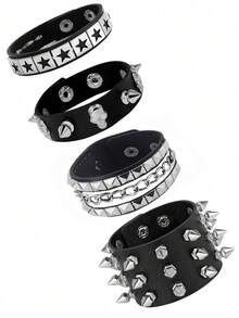 Xiacheng 1/3/4件套女士朋克摇滚手链套装 - 铆钉尖头开口手链，可调节人造革材质，80年代Emo哥特机车风，男女皆宜的另类时尚 - 經典色 - 查看 14