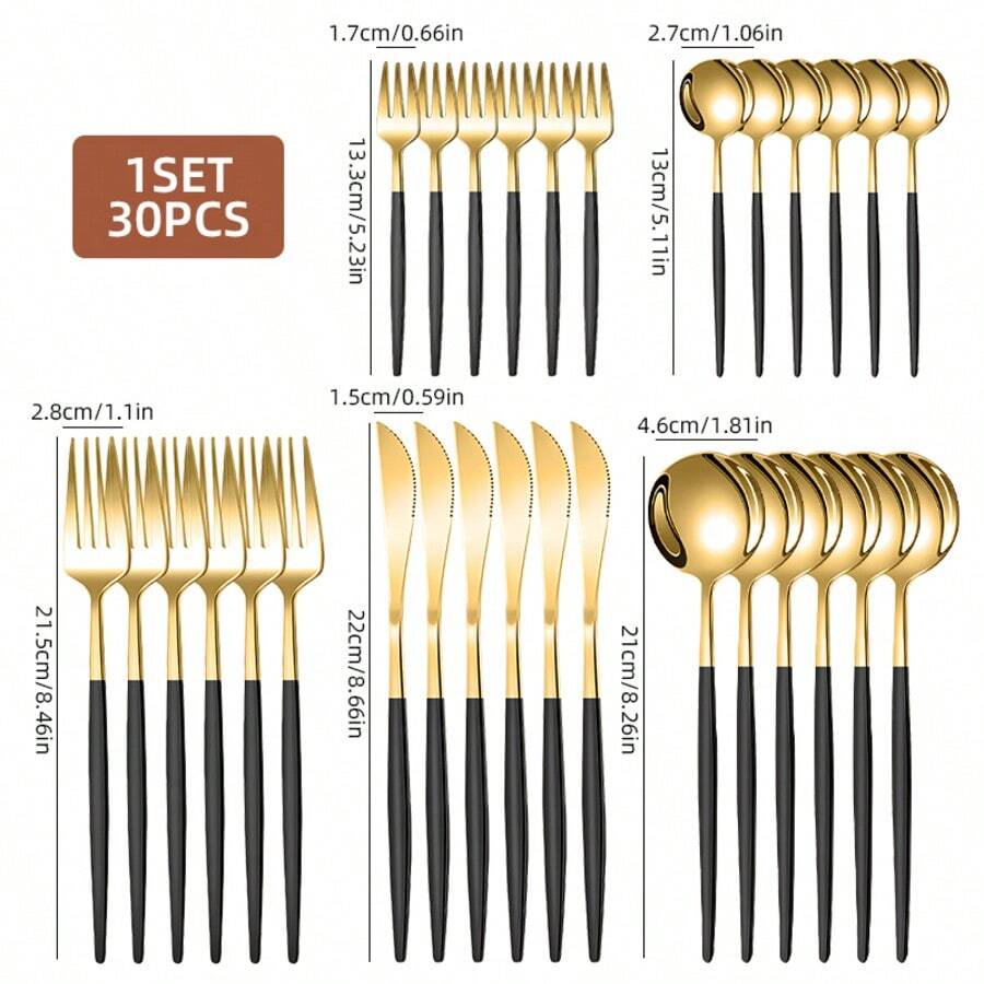 30pcs Stainless Steel Flatware Set, Black/Gold/Silver/Black, High-Quality Stainless Steel, , Dishwasher , Suitable For Luxury Hotels, Anniversary, Slim Design, Western Creative Tableware - - - View 1
