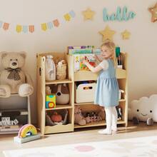 aosom AIYAPLAY Toy Storage Shelf For Children Ages 3-8 With Open Shelves And Compartments, Children's Furniture In MDF, 92x29x79 Cm, Wood Color - Apricot - View 1