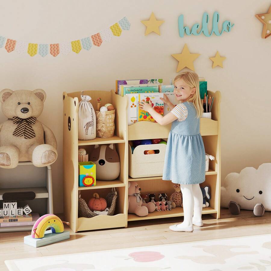 aosom AIYAPLAY Toy Storage Shelf For Children Ages 3-8 With Open Shelves And Compartments, Children's Furniture In MDF, 92x29x79 Cm, Wood Color - Apricot - View 1