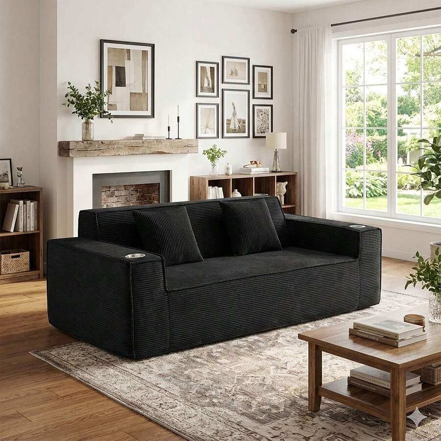 75.5" Black 3 Seater Sofa Corduroy LoveSeat Cloud Couch, Boneless Loveseats Sofa Upholstered Couch With Comfy Deep Seat,2 Cup Holders, Wide Armrests, Cloud Couch Sofa In A Box For Living Room Bedroom Office Apartment, 2 Pillows,No Assembly - 黑色 - 查看 1