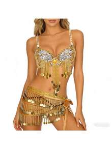 Bộ trang phục biểu diễn múa bụng 2 món - Áo bra đính hạt nhựa tua rua đính sequin và khăn quấn hông bằng nhung dành cho nữ. - Nhiều màu - Xem 10
