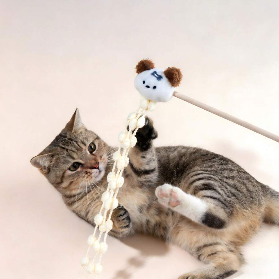 1pc Cute Plush Cat Teaser Wand, Pet Cat Toy For Home Play And Companionship - Multicolor - View 1
