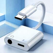 二合一音频适配器，USB C 转 3.5mm + Type-C 充电辅助线，兼容 和有线耳机 - 白色 - 查看 2