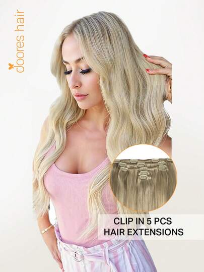 DOORES 5片装无缝直发夹式接发片，真人发丝，灰金色至金色和铂金色，73-85克，100%巴西雷米真人发，适合头发稀疏的男女使用，双层夹式接发片，可全头佩戴，日常使用方便，隐形效果好，适合冬季、圣诞节、角色扮演、校园和约会之夜等场合。