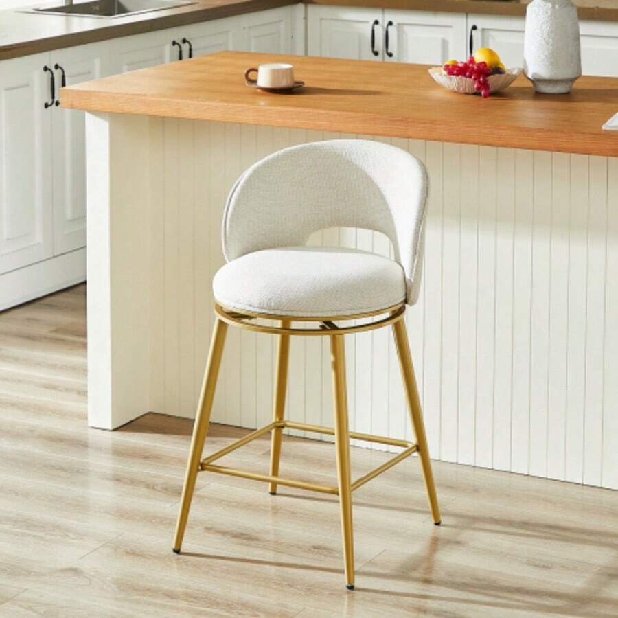Tabouret de bar pivotant en chenille : Chaise de bar moderne avec rotation à 360°, structure en métal doré, revêtement confortable pour la cuisine, le bar et le salon. - Beige - Voir 1