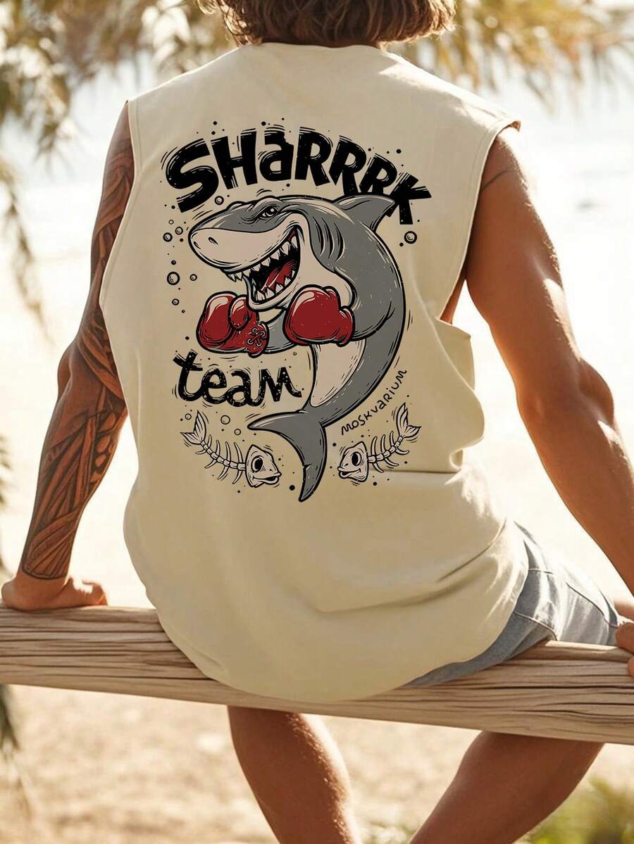 男士夏季休闲圆领印花背心，街头风，适合健身和日常穿着 - 杏色 - 查看 1