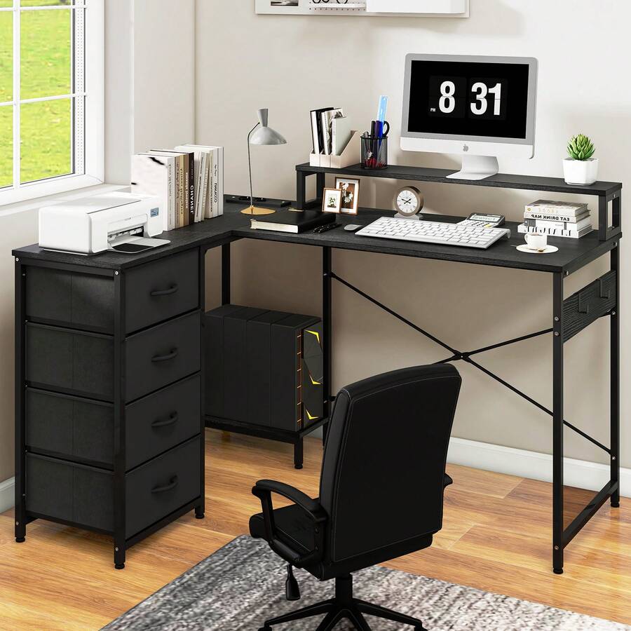 Desk, Corner Desk With 4-Tier DIY Storage Shelf, Multifunctional Table With 2 USB Ports & Power Outlets For Home Office, Study, Living Room, 130x100x75cm, Vintage Brown - màu đen - Xem 1