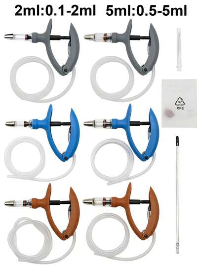 2/5ml Grey Blue Orange Animal Continuous Syringe Adjustable Vaccine Syringe With Infusion Catheter For Pet Farm Poultry And Livestock Horses Cows Sheep Health Care Tools