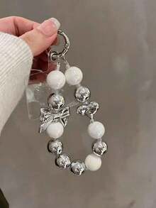 1pc Elegant Silver Bowknot Lanyard, Luxury Minimalist Design Phone Strap, Versatile Wrist Strap, Suitable As Gift For Mother, Family, Friends, Birthday, Holiday - Phone Charm, Key Chain - White - View 2