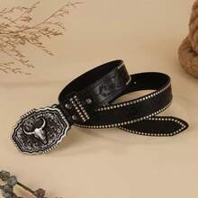 Western Polygon Bull Skull Buckle Cowboy Style PU Leather Belt, Alloy Buckle, Bohemian - A - View 3