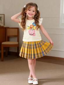 2pcs Girls Floral Print Vest Top And Plaid Elastic Waist Pleated Skirt Set, Showcasing Sweet And Collegiate Style, Suitable For Spring/Summer Outdoor Activities - Yellow - View 4