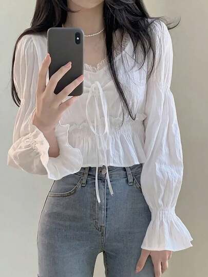 Casual Solid Color Lace Trim Patchwork Cropped Shirt