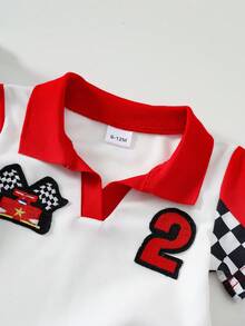 2pcs Baby Boy Casual Fashion Contrast Color Knit Red Collar Black & White Plaid Patchwork Red Short Sleeve Embroidered Decor White Top And Red Plaid Black & White Shorts Set, Summer Outfit - Red - View 4