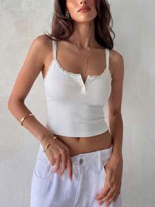 Faeriesty Women's White Ribbed Knit Cami Top Lace Trim Button Front Sleeveless Crop Tank For Summer Tops, Summer Outfits, Casual Women Outfits, Daily Wear, Vacation Outfits Women - White - View 4