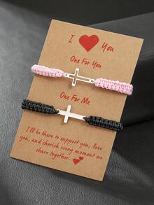 2pcs/Set Solid & Hollow Match Stainless Steel Cross Adjustable Braided Bracelet Set, Suitable For Friends, Family, Couples, Daily Wear - Cross-woven Bracelet Set - View 8