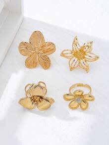 4件套时尚花卉图案镶钻金属金戒指套装，优雅时尚女士戒指，适合派对、节日、送礼。 - 金色 - 查看 6