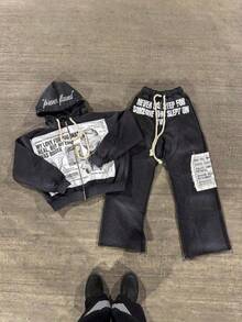 Niche Design Hoodie Personalized Hip-Hop Style Loose Harajuku Dark Sweater + Sweatpants - Black Sweatshirt - View 4
