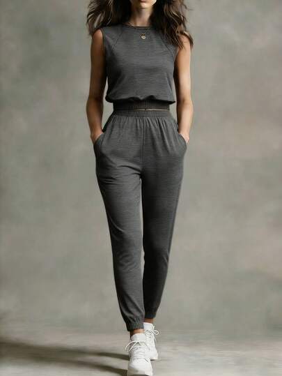 2pcs/Set Summer Casual Sports Outfit, Gray Sleeveless Tank Top + Drawstring Pants, Elastic Waist Design, Comfortable Pockets, Sports Style Suit For Commuting And Leisure