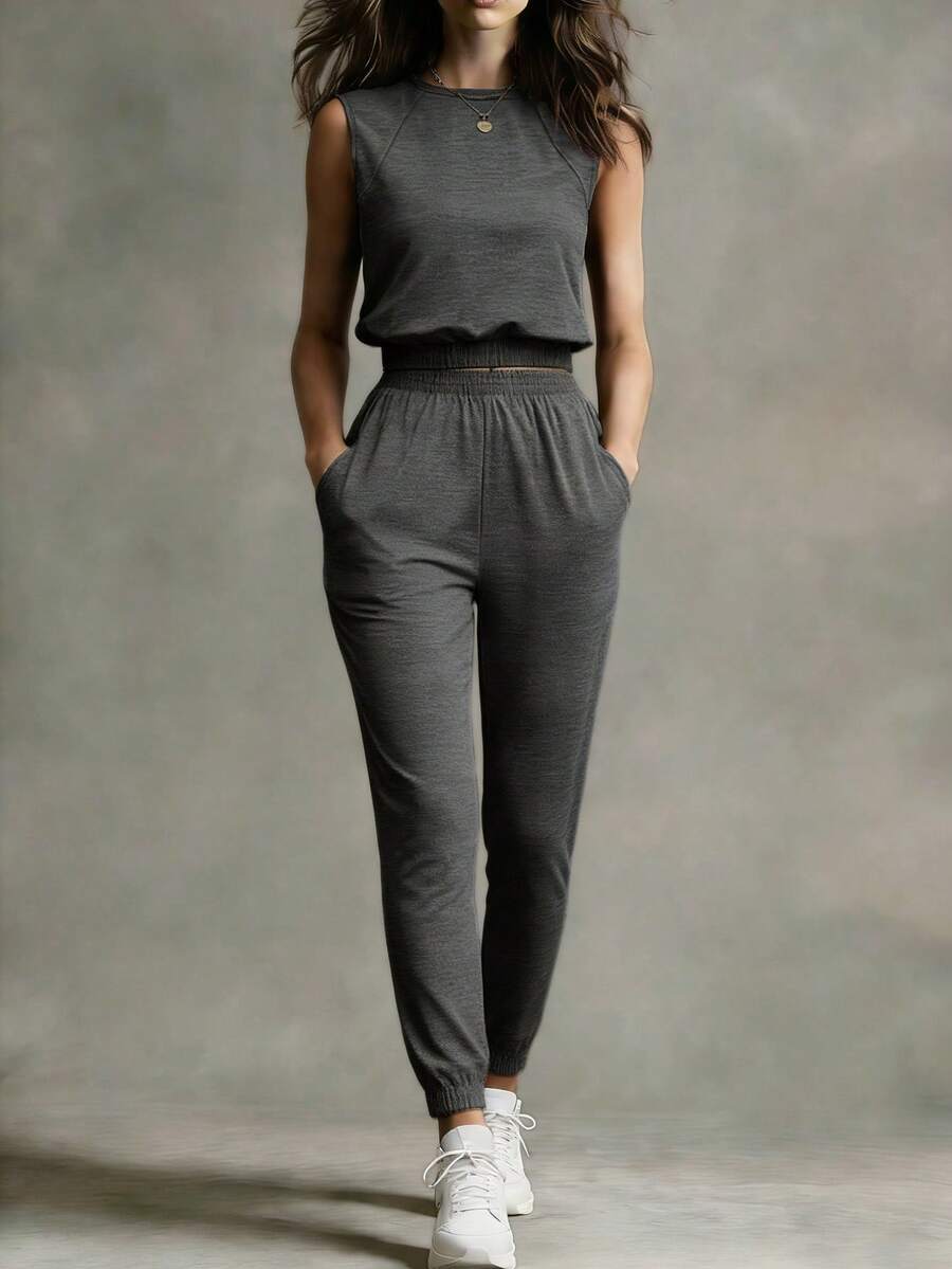Women's Casual 2-Piece Set, Minimalist Solid Color Sleeveless Top + Drawstring Pants, Lightweight Sporty Fashion Outfit For Daily Wear, Spring/Summer - Dark Grey - View 1