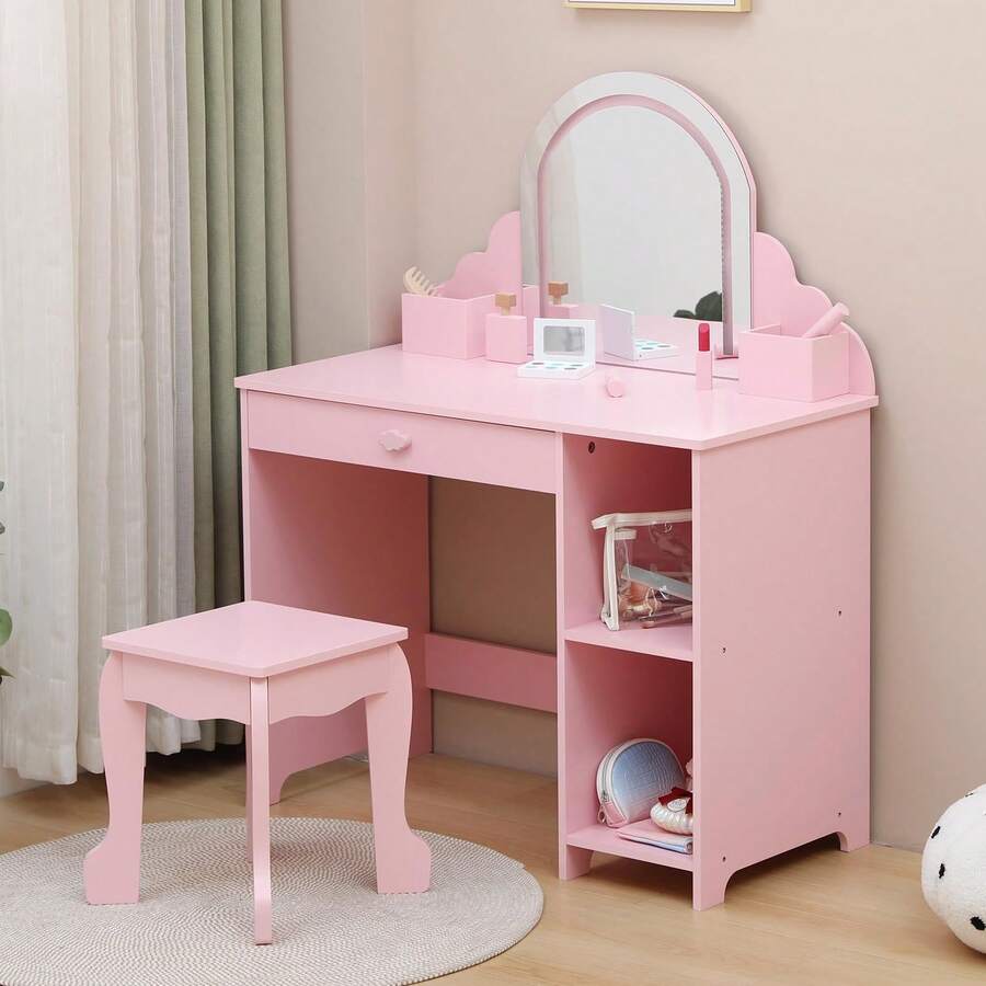 Tocador Infantil para Niñas con Espejo con Luz LED y Taburete, Mesa de Maquillaje con Brillo Ajustable, Cajón y Estantes de Almacenamiento, Regalo para Niñas de 3 a 9 Años - Rosa - Ver 1