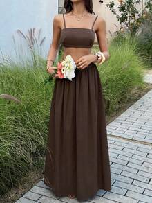 Unadoll 女士性感吊带背心和弹力百褶裙套装，适合约会、度假、情人节和旅行 - 棕色 - 查看 6