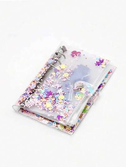 Διάφανο ροζ ημερολόγιο για κορίτσια, μέγεθος A6, κέλυφος με χάντρες + 6 θήκες με φερμουάρ για αποθήκευση