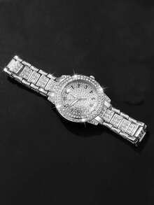 2pcs Set: Fashionable Gold-Plated Alloy Quartz Watch & Cuban Link Bracelet, Party/Birthday Gift Watch Set, Silver Party Watch - Silver - View 4