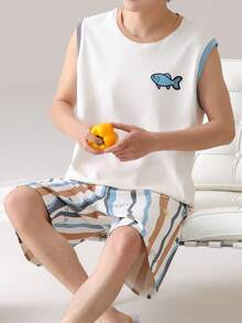AICJ 2pcs Men Solid Color Casual Loose Basic Crew Neck Vest Top And Striped Shorts Pajama Set, Suitable For Spring And Summer Loungewear - Multicolor - View 5
