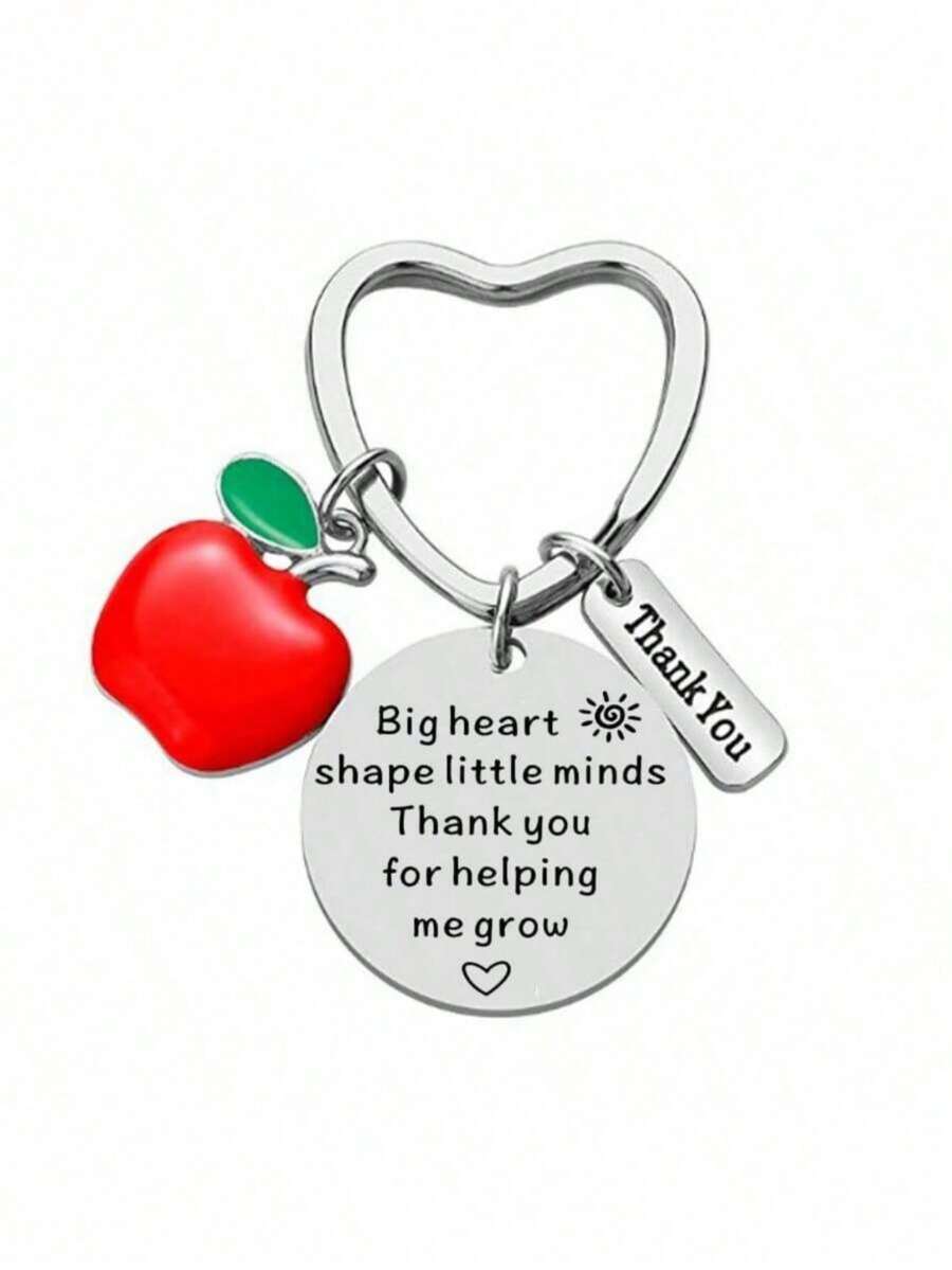 1pc Unisex Zinc Alloy Oil Drop Apple "Thank You" Stainless Steel Keychain, Teacher's Day Gift, Appreciation For Teacher, Heart-Shaped Keyring - Multicolor - View 1
