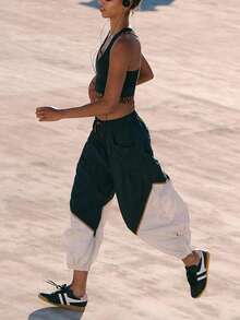 Women's Baggy Wide Leg Pants Color Block Jogger Cuffs Elastic Waist Pockets Gym Daily - Black - View 6
