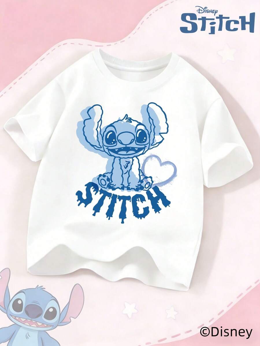 Disney Camiseta de manga corta infantil de Stitch para niños y niñas, camiseta de algodón estampada RELAX de verano informal - Blanco - Ver 1