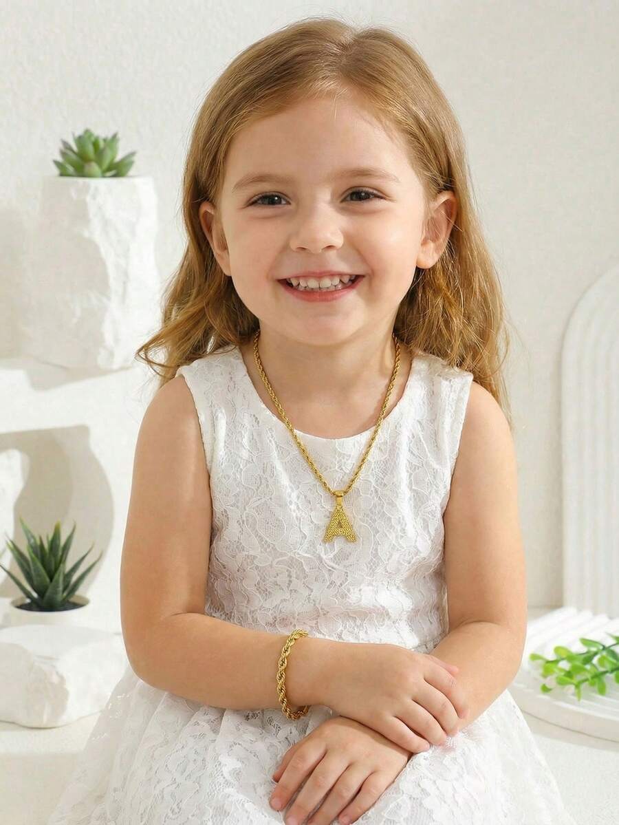 2pcs Classic Minimalist Gold-Plated Letter Pendant Stainless Steel Twist Chain Necklace & Bracelet Set, Unisex, Fashionable Street Style Letter Necklace, Suitable For Daily Wear And Friend's Birthday Gift - Gold - View 1