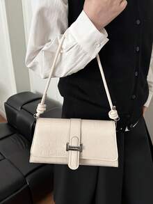 Tas Bahu Minimalis Vintage Elegan dengan Penutup Asimetris Motif Buaya Warna Polos yang Modis - Krem - View 5