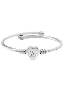 1pc Stainless Steel Heart-Shaped Bangle With 26 Alphabet Letters, Unisex Fashion Minimalist Style Bracelet, Suitable For Daily Wear, Parties, And Gifts - Silver - View 12