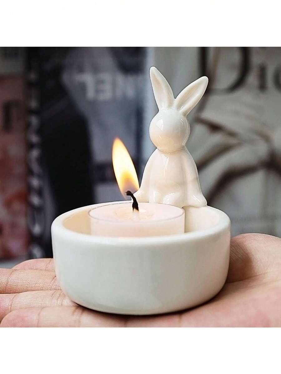 Castiçal de coelho de cerâmica (1 unidade), castiçal estilo ovo de Páscoa, decoração de mesa para festas, presente de Páscoa em forma de coelho, suporte para vela de Páscoa na primavera, artesanato de cerâmica de Páscoa, vela não inclusa. - Vários estilos - Ver 1