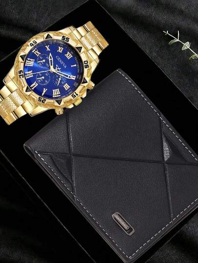两件套简约商务男士石英表套装，男士奢华商务配饰（包含一枚金色合金表带蓝色表盘罗马数字计时石英表和一个黑色纹理皮革钱包）。采用耀眼的金色和深邃的蓝色配色方案。