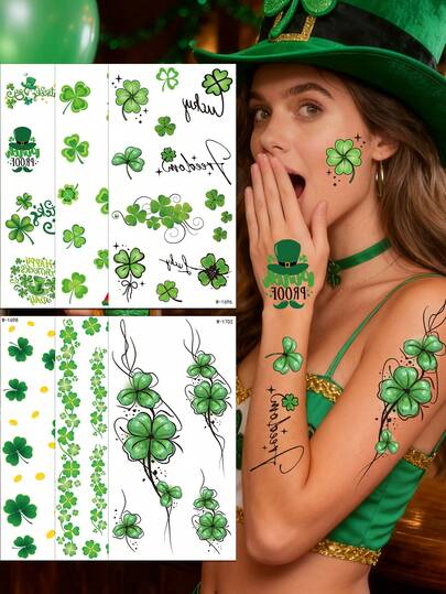 1pc St. Patrick's Day Temporary Tattoos, Waterproof Green Tattoo Stickers, Cartoon Leprechaun&Clover&Beer Mug&Hot Air Balloon&Heart&Gold Coin Design, Suitable For Holiday Parties, Irish Holiday Party Festival Makeup Accessories, Fake Tattoos